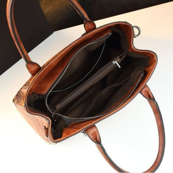 Retro Floral Embossed Genuine Leather Handbag