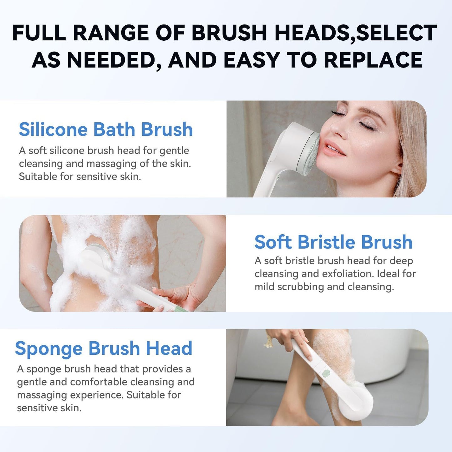 3-in-1 Electric Body Brush Set with 3 Spin Brush Heads, Bristle Brush, Silicone Brush, Sponge Brush, USB Rechargeable