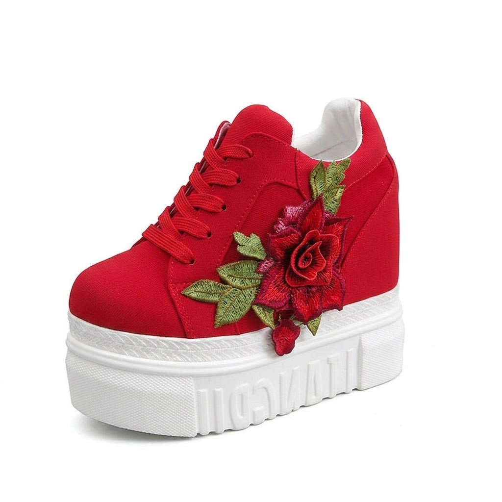 Embroidered Rose Platform Wedge Sneakers