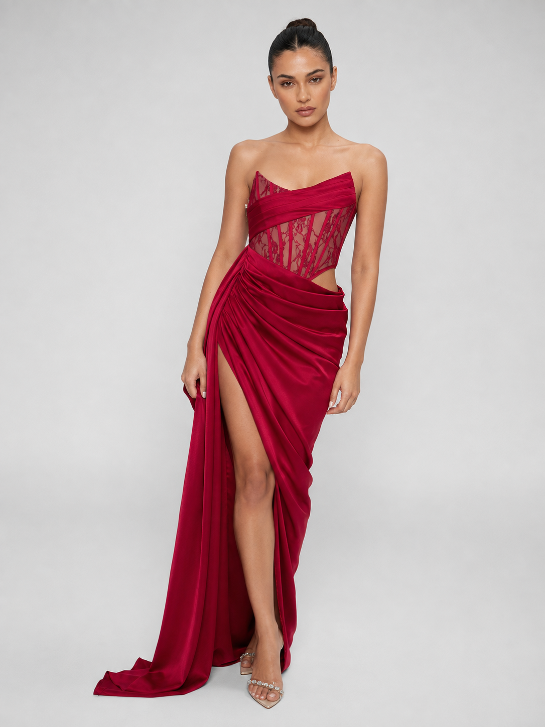 Lace Corset Draped Floor-Length Gown