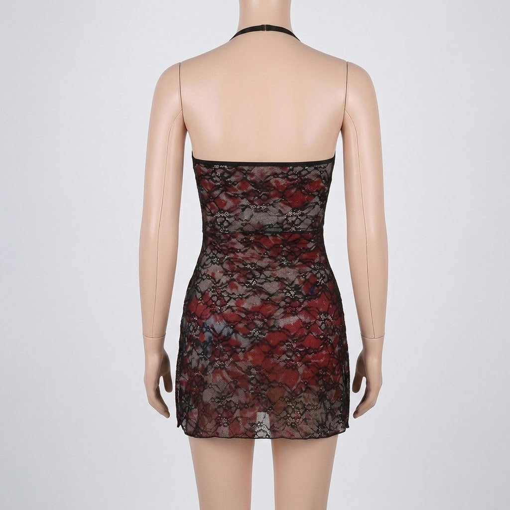 Red Floral Lace Halter Mini Dress