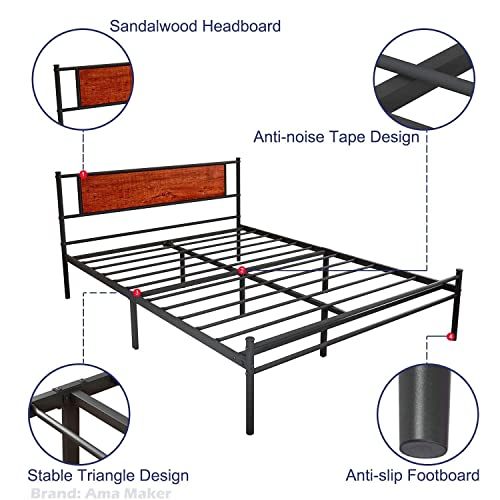 Queen Bed Frame with Wooden Headboard Metal Platform Bed Frames with Storage, Easy Assembly