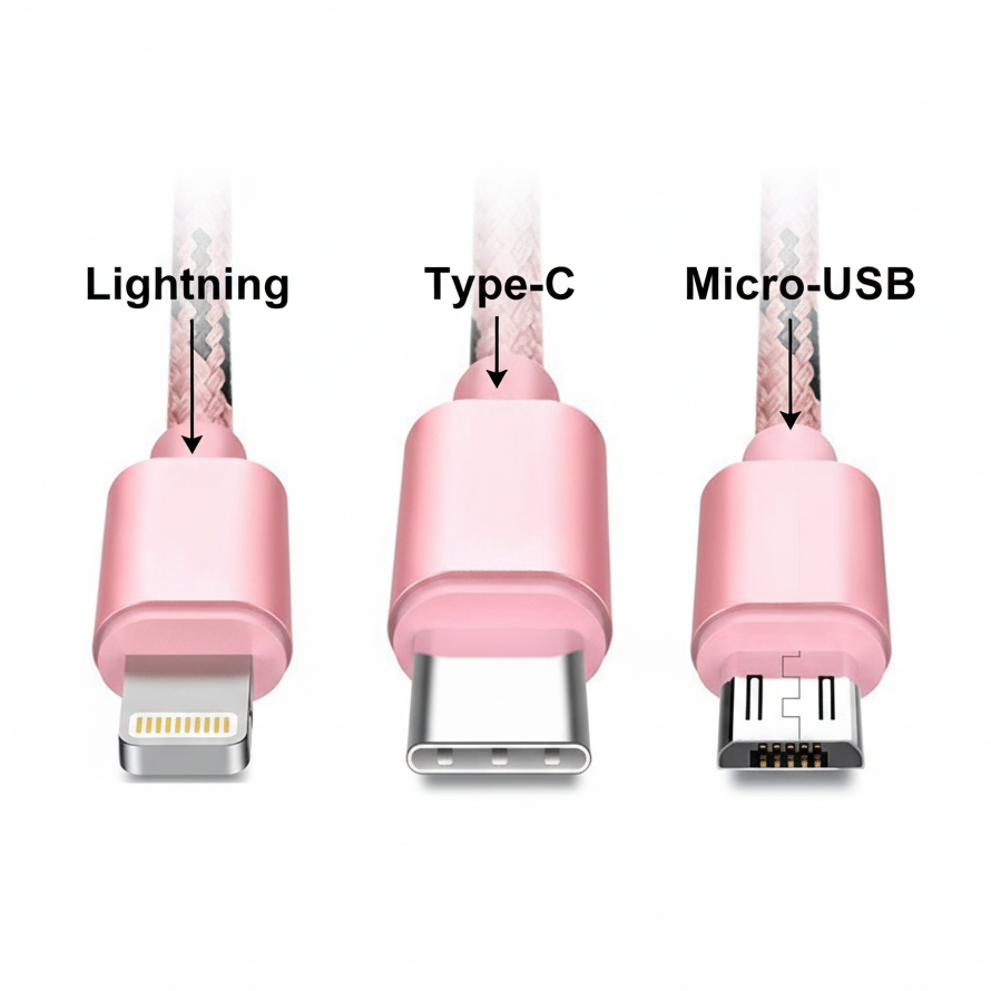 3-in-1 Braided Multi-Charging Cable for Type-C, Micro-USB, and Lightning