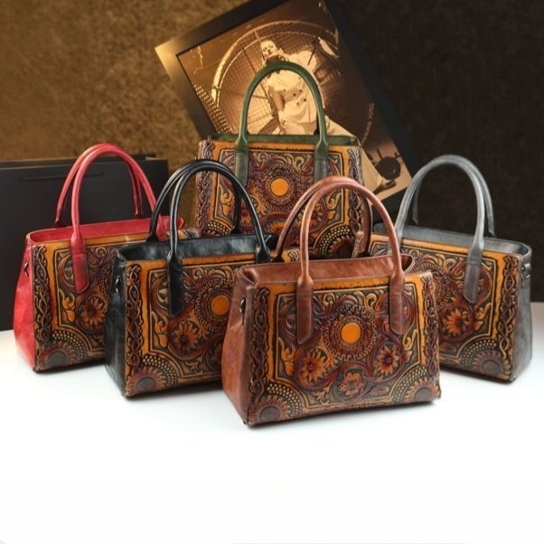 Retro Floral Embossed Genuine Leather Handbag