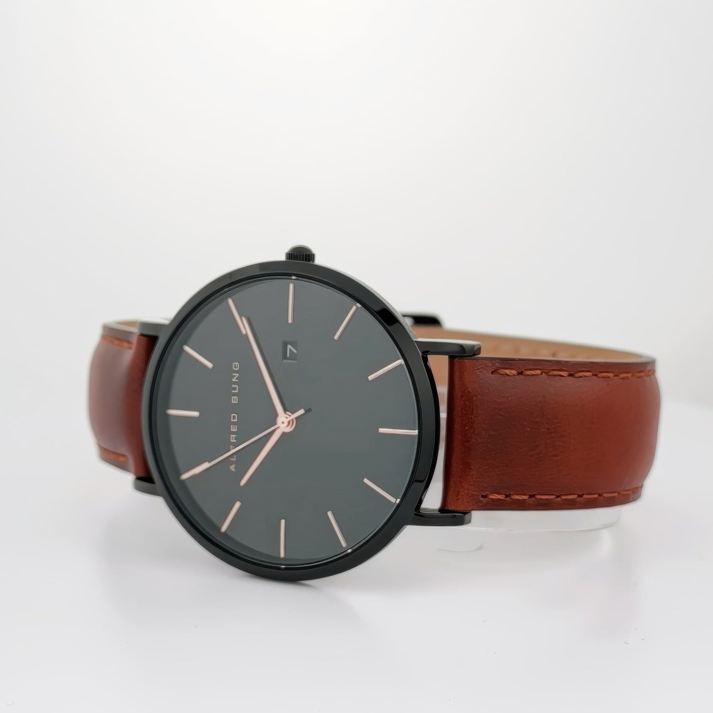 ALFRED SUNG Men's Metropolitan Watch – Date Black Dial & Case, Leather strap