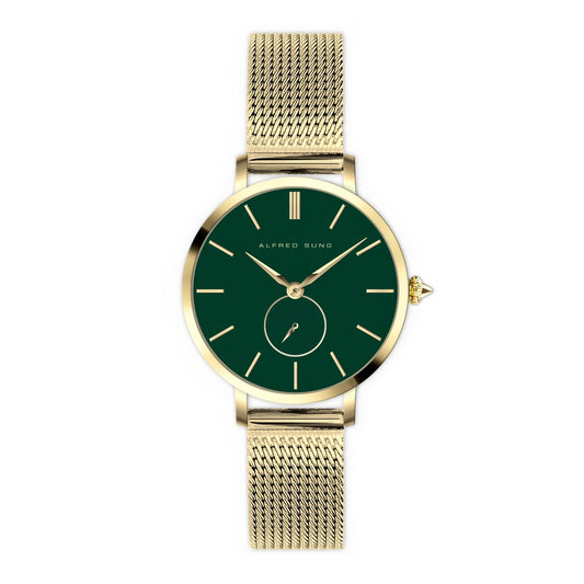ALFRED SUNG Women's Serenity Watch – Green Dial, Gold Bracelet