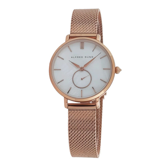 ALFRED SUNG Women's Serenity Mother of Pearl Watch – White Dial, Rosegold Bracelet