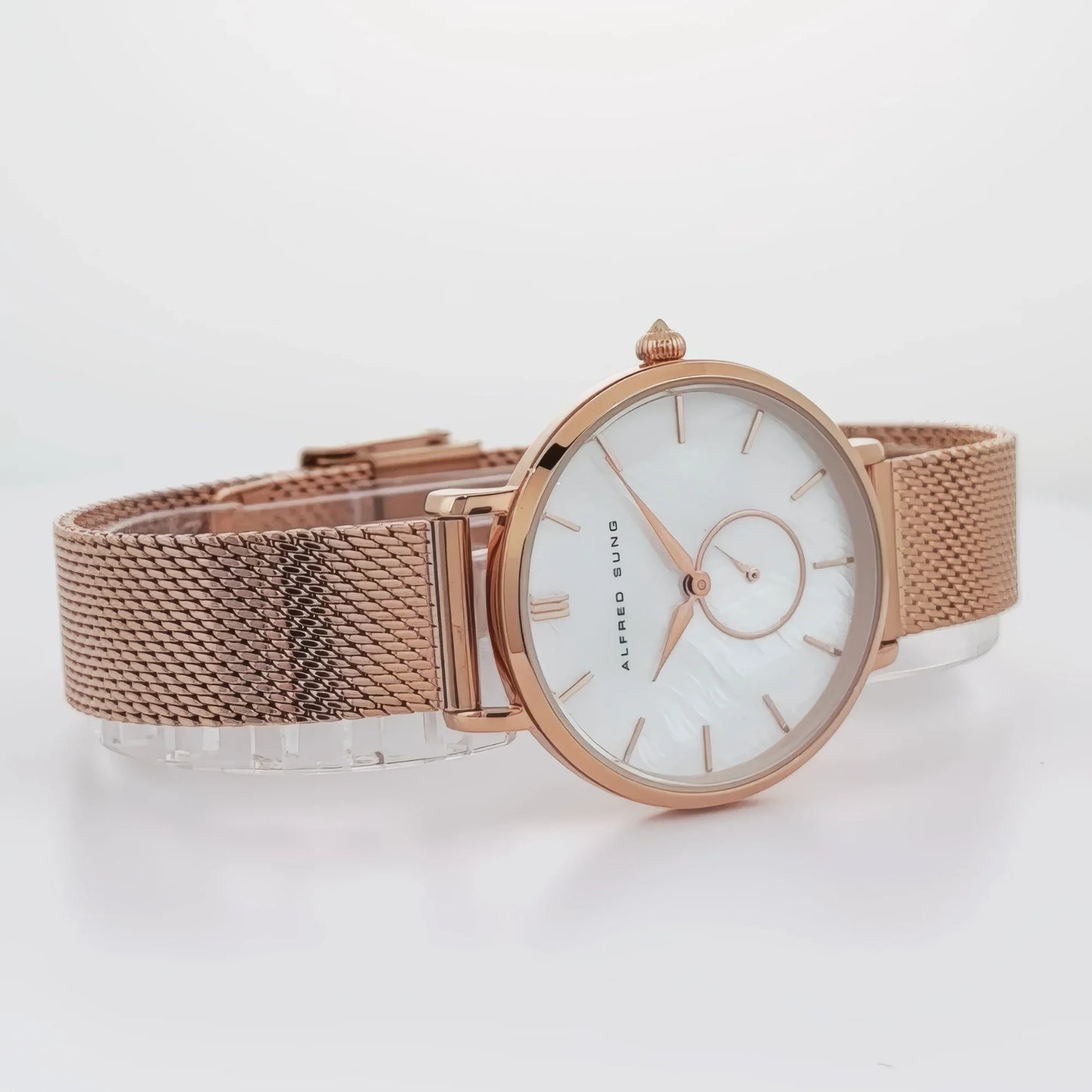 ALFRED SUNG Women's Serenity Mother of Pearl Watch – White Dial, Rosegold Bracelet
