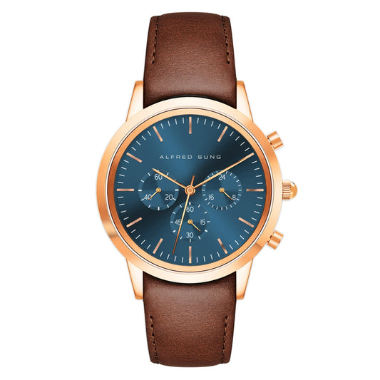 ALFRED SUNG Chronograph Blue Sunray Leather Watch