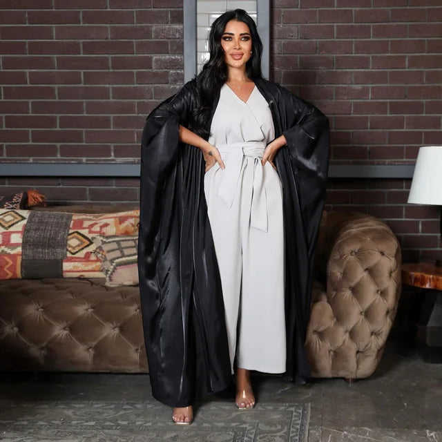 Silky Satin Batwing Sleeved Open Front Abaya