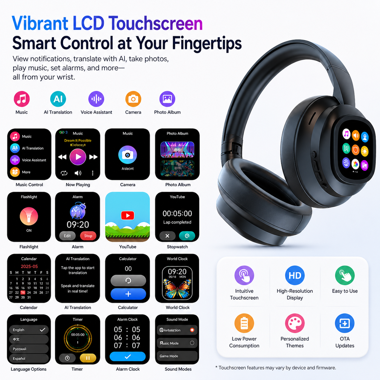 HY-X1 Pro AI Smart Wireless Headphones with Detachable LCD Touch Screen, AI Translation, Smart Tools, 46H Playtime