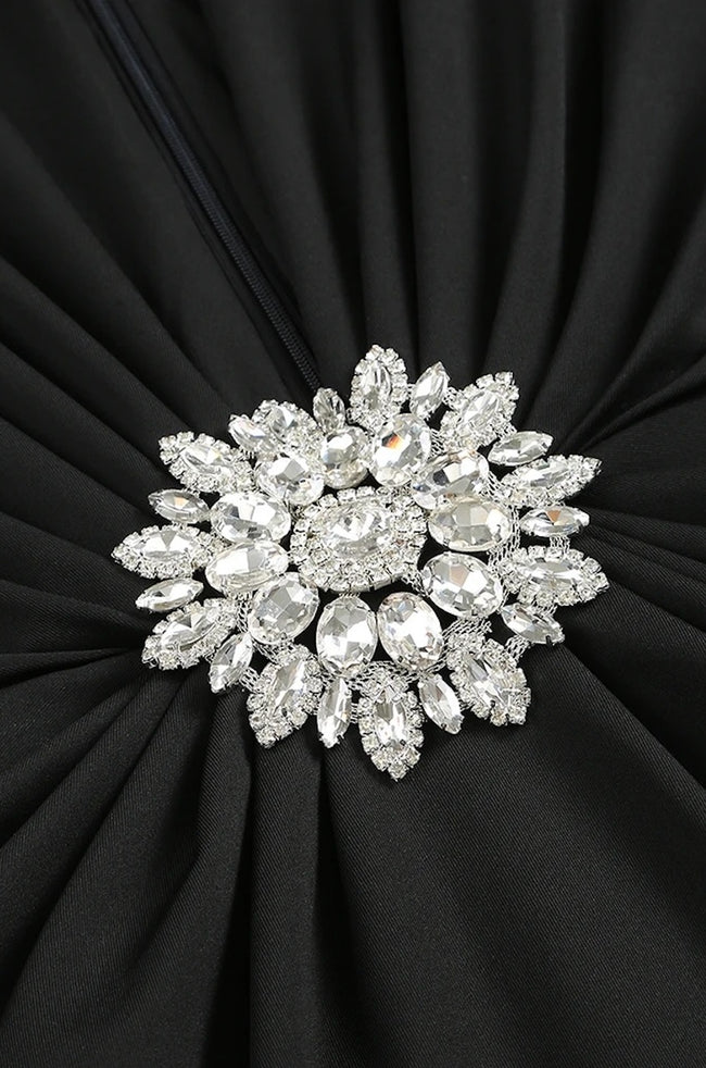 Plunging V Crystal Brooch Maxi Dress