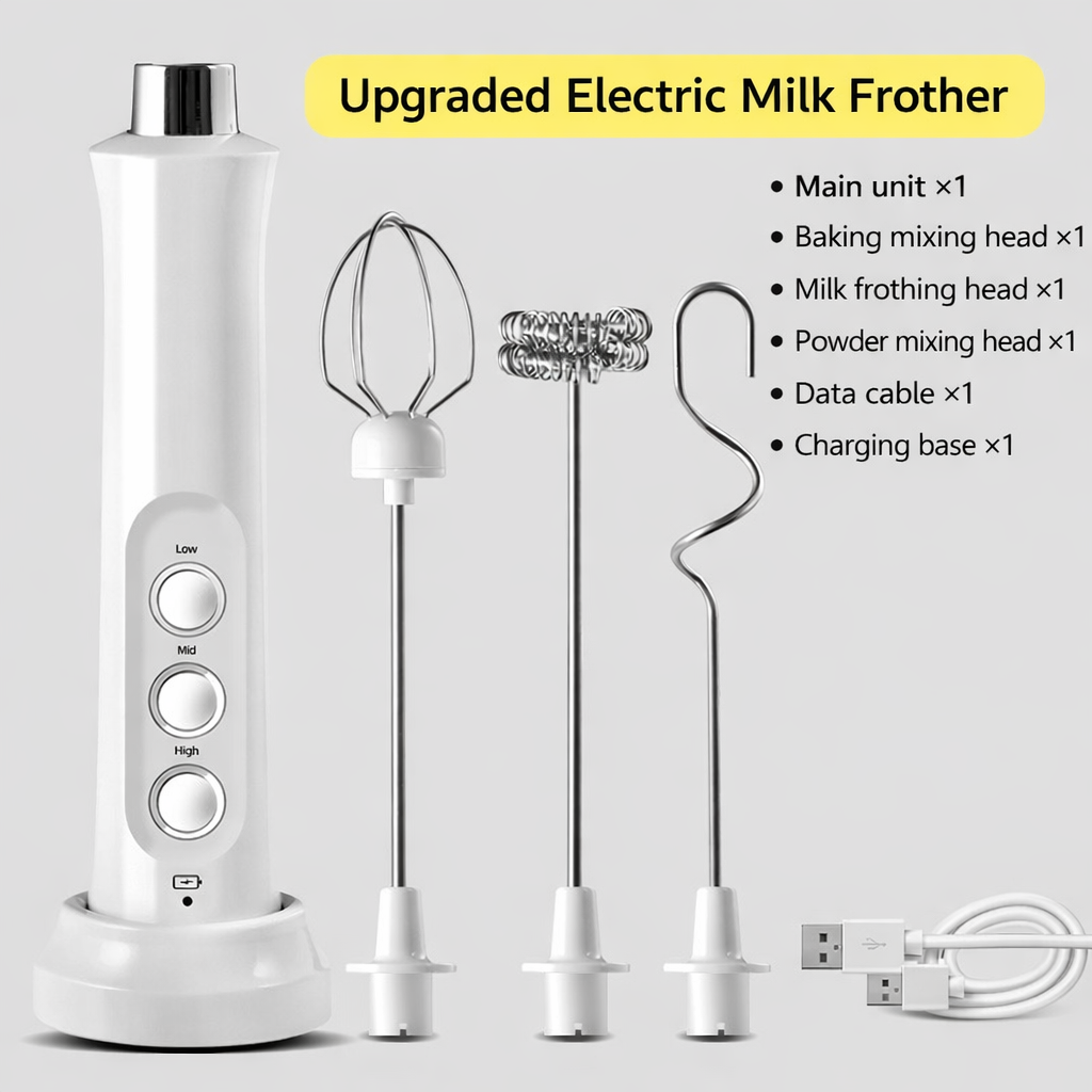 3-in-1 Electric 3-Speed Milk Frother & Mixer – USB Rechargeable
