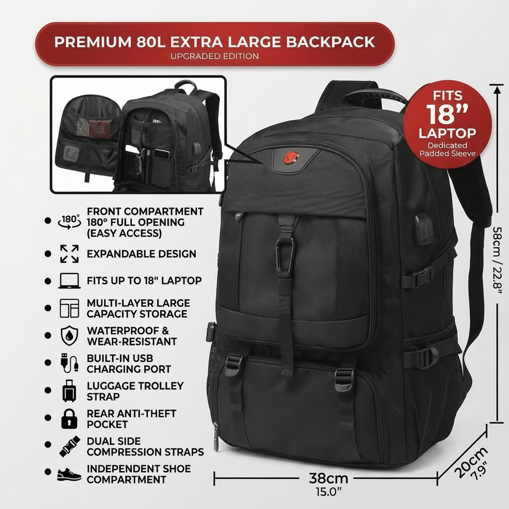 Multifunctional Laptop Travel Backpack with USB Charging Port – 80L