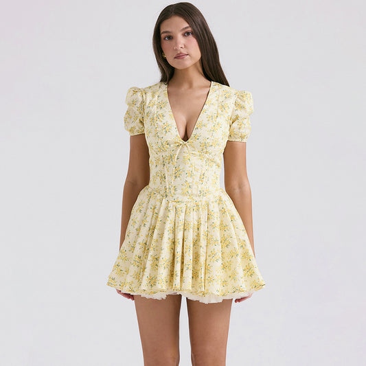 Deep V-Neck Floral Print Pleated Mini Dress
