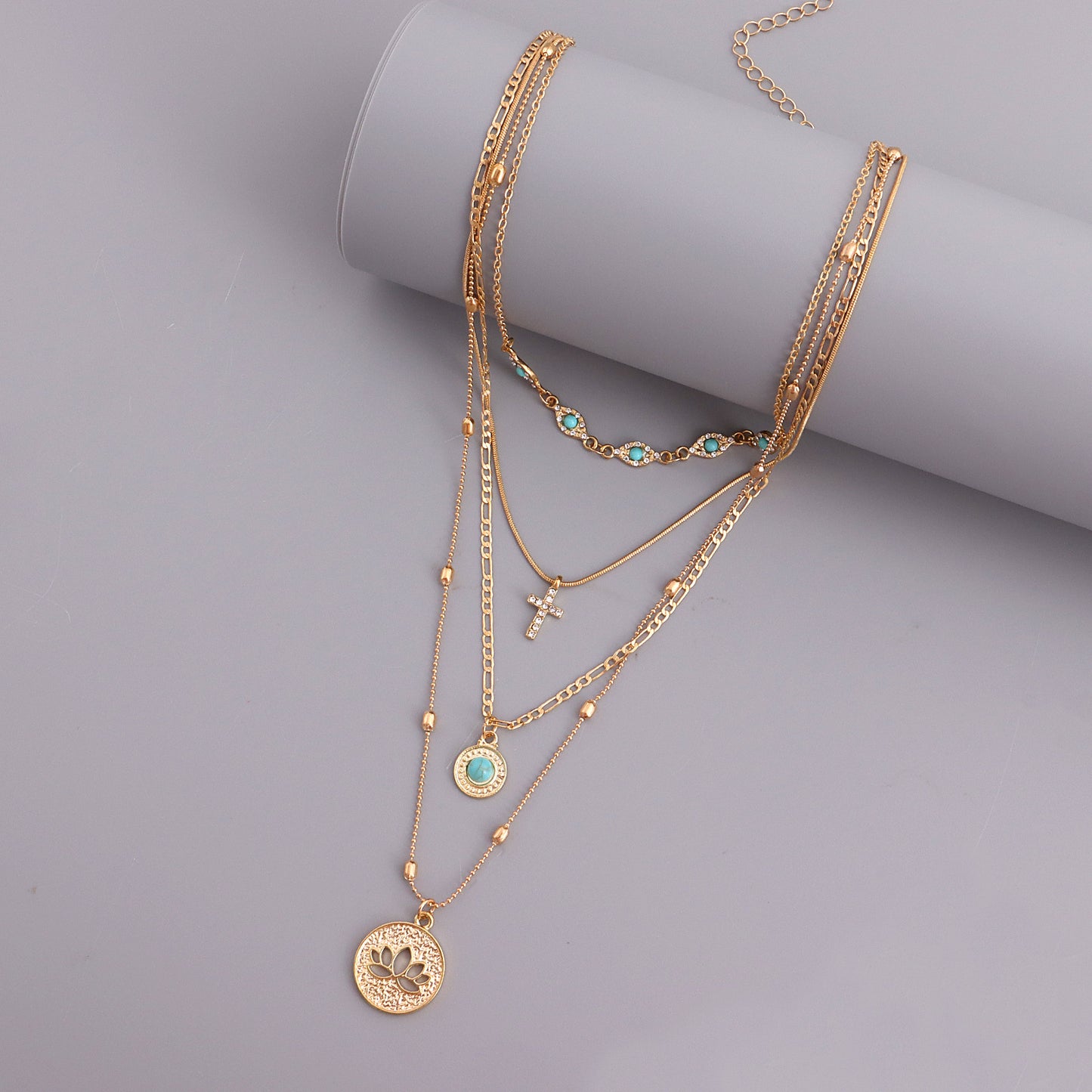 Gold Layered Necklace with Turquoise and Charms