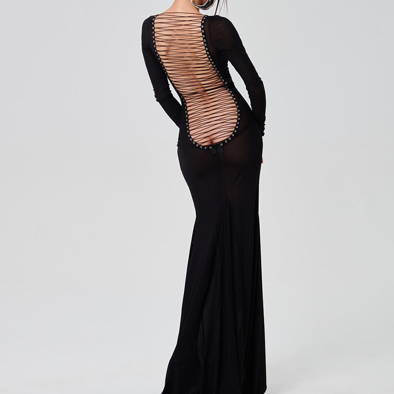 Tie-Up Open Back Mesh Sheer Maxi Dress