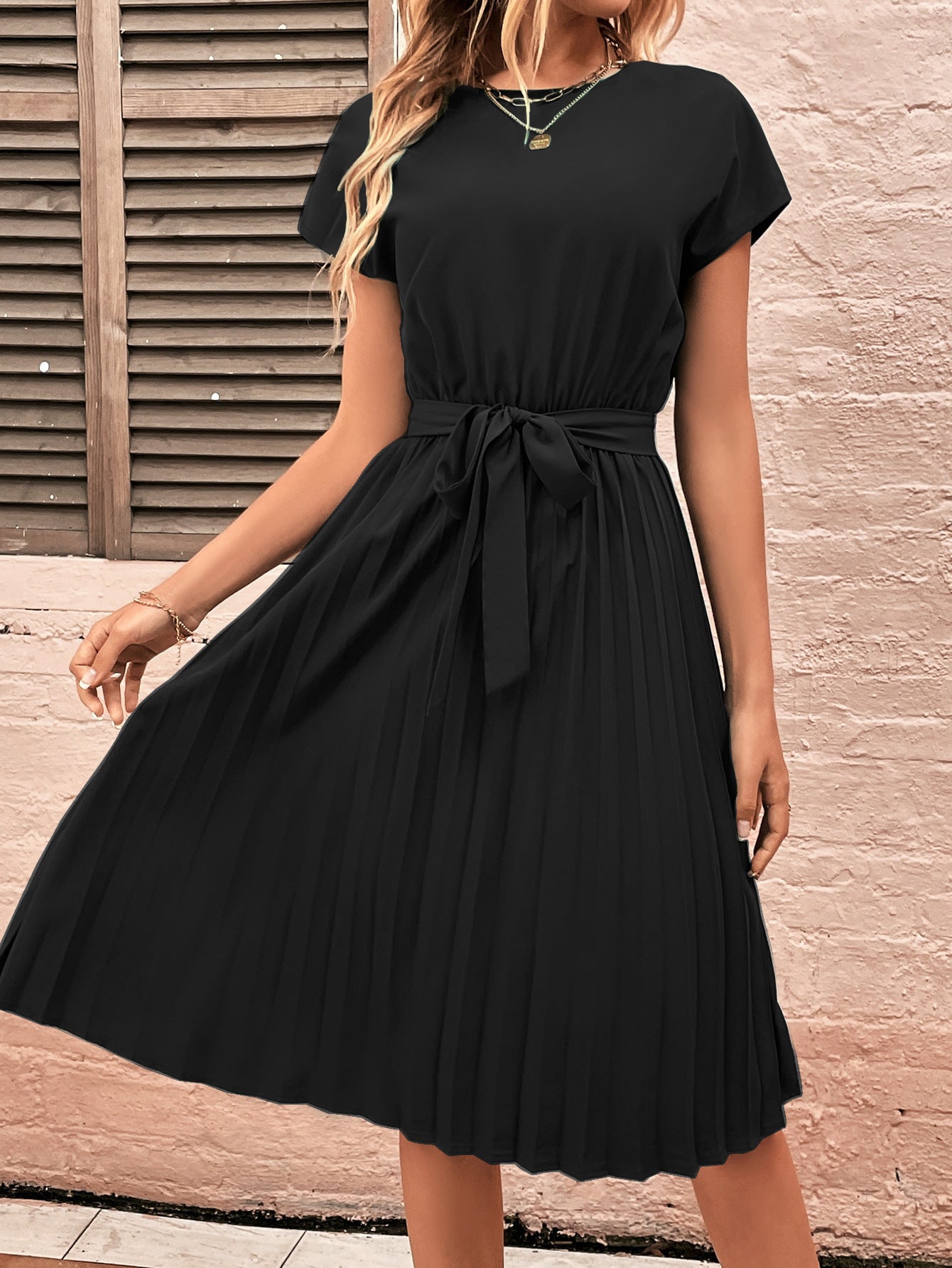 Solid Tie-Front Pleated Midi Dress