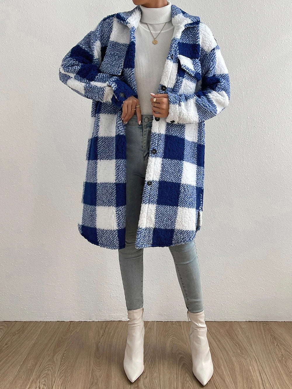 Open Button Lapel Plush Plaid Long Coat