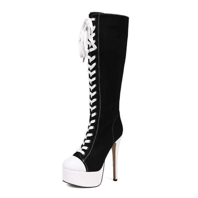 Canvas Stilettos Platform Knee-High Boots