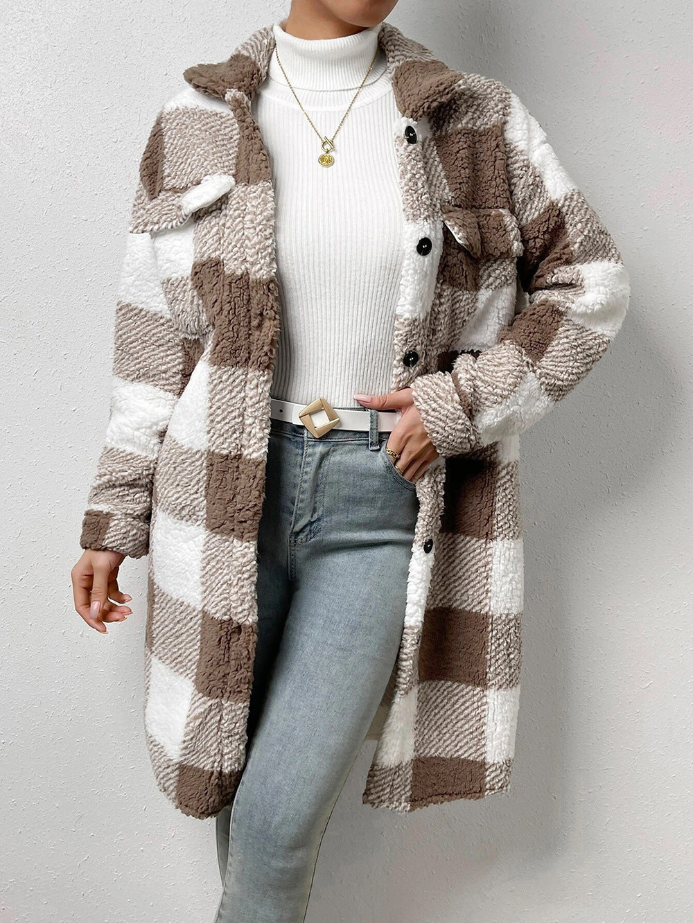 Open Button Lapel Plush Plaid Long Coat