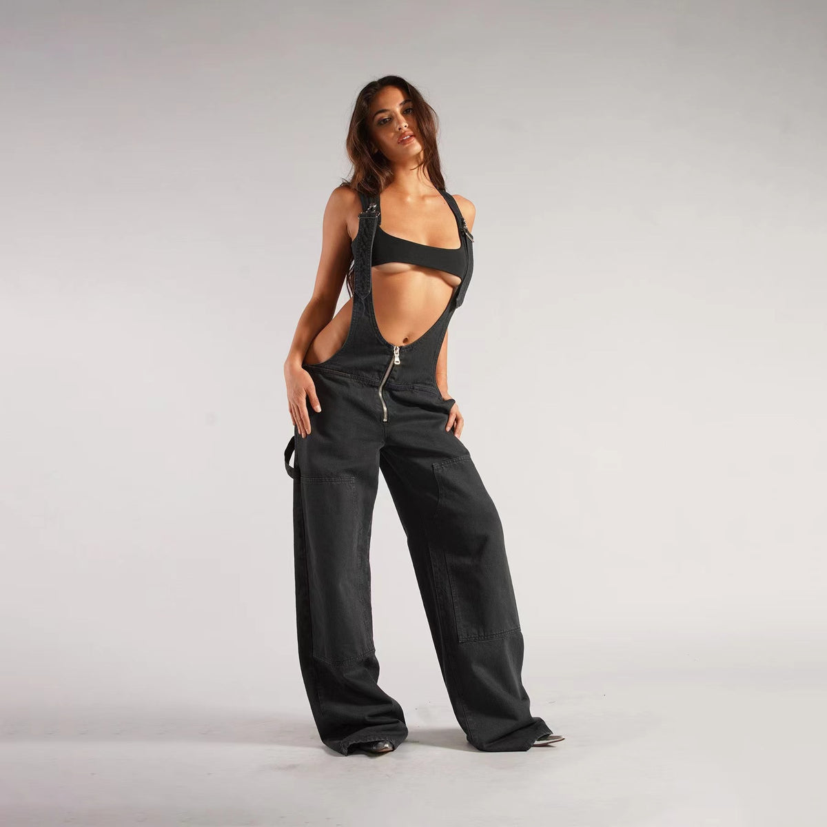 Denim Plunge Overalls