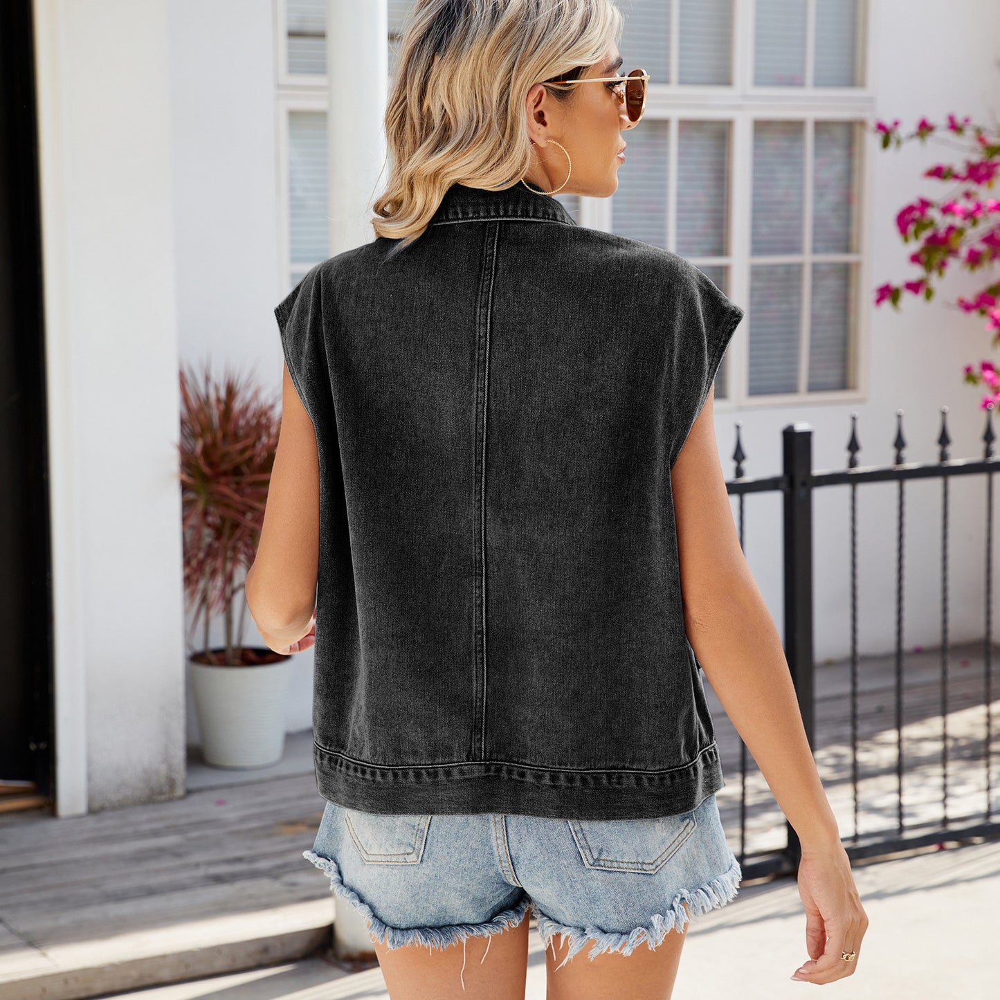 Double Pocket Sleeveless Denim Jacket with Detachable Hood