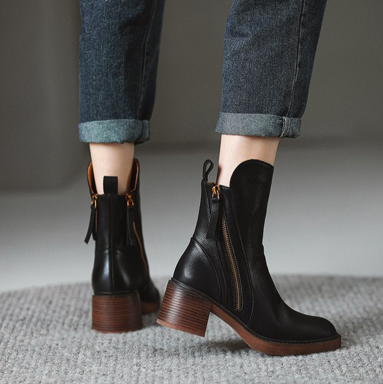 Premium Leather Block Heel Booties