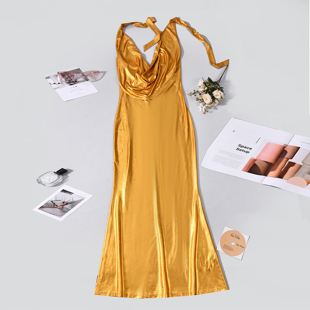 Cowl Neck Plunge Metallic Maxi Dress