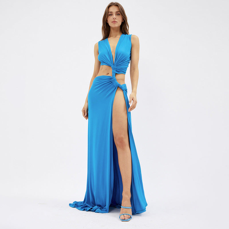 Fashion Deep V-neck Hollow-out Slim Fit High Slit Maxi Dress