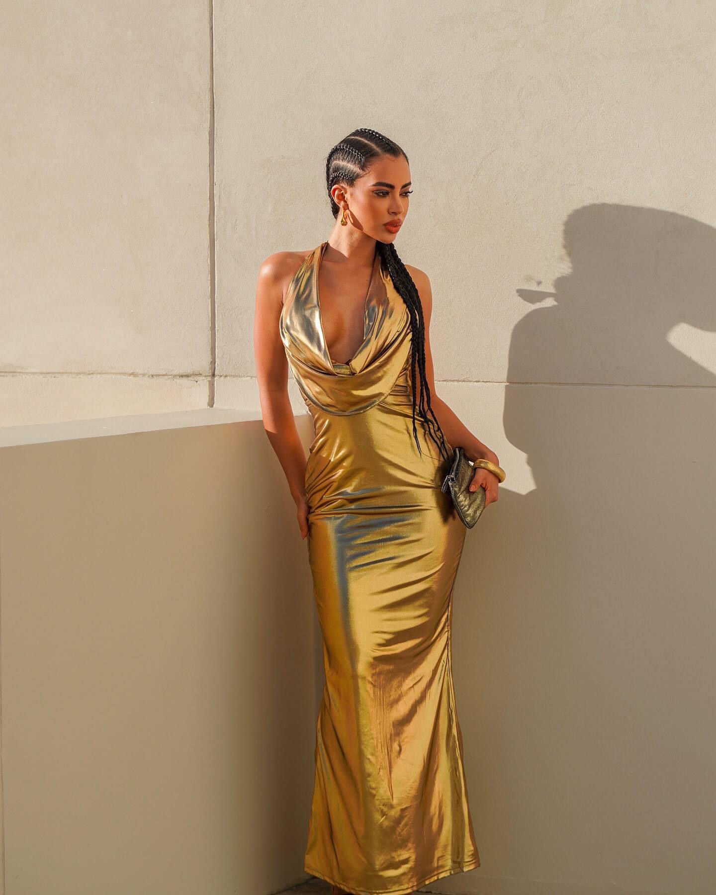 Cowl Neck Plunge Metallic Maxi Dress