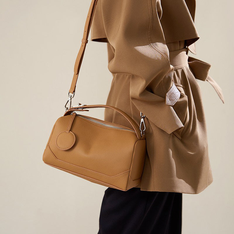 Genuine Cowhide Leather Boston Bag with Crossbody/Shoulder strap