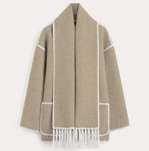 Draped Wool-Blend Coat with Fringed Scarf