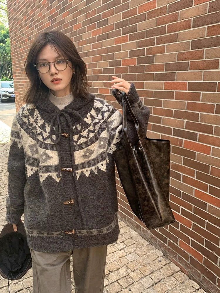 Fair Isle Knit Hooded Cardigan