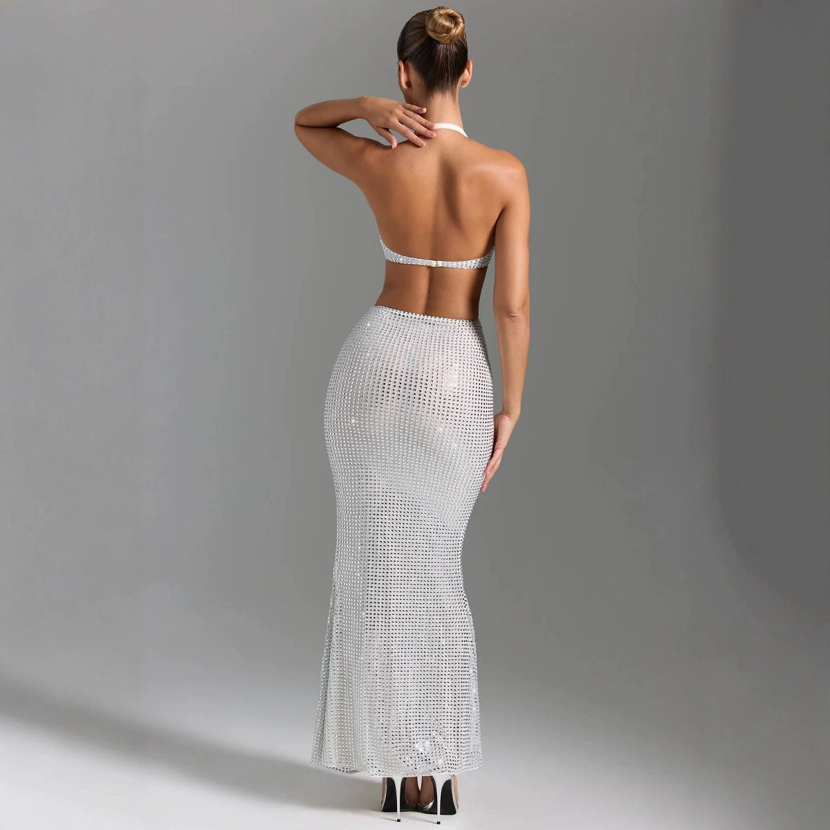 Sequined Front Slit Open Back Maxi Dress