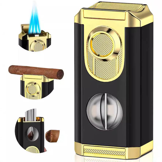 3-in-1 Cigar Lighter, Wind Resistant Jet Flame with Built-in V-cut Cigar cutter