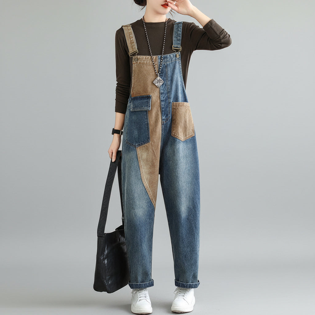 Patchwork Denim Bib Overalls