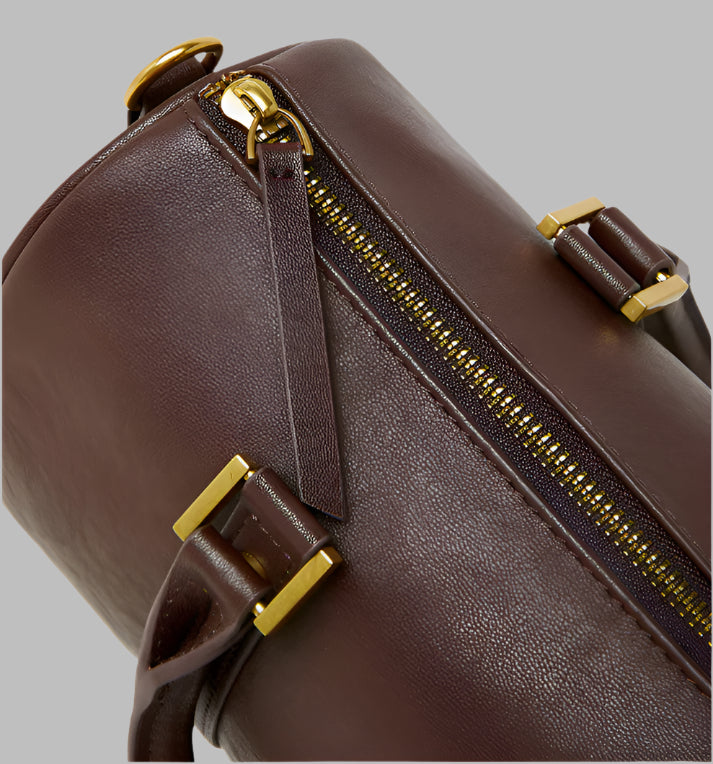 Genuine Cowhide Leather Boston Handbag with Crossbody Strap