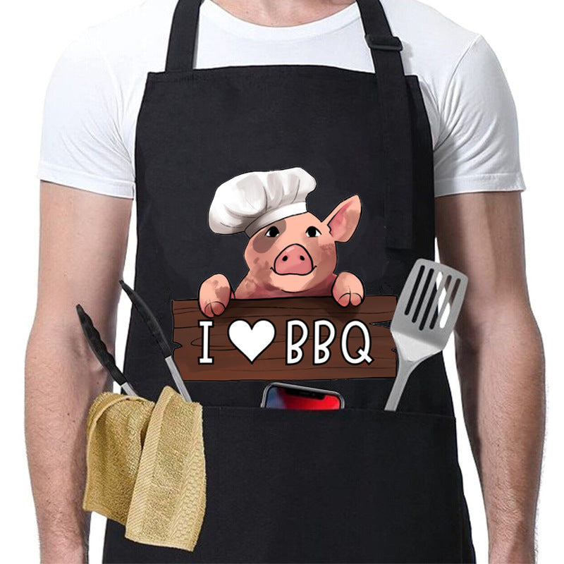 Kitchen BBQ Letter Print Apron with 3 Pockets and Adjustable Neck Strap, Water Resistant