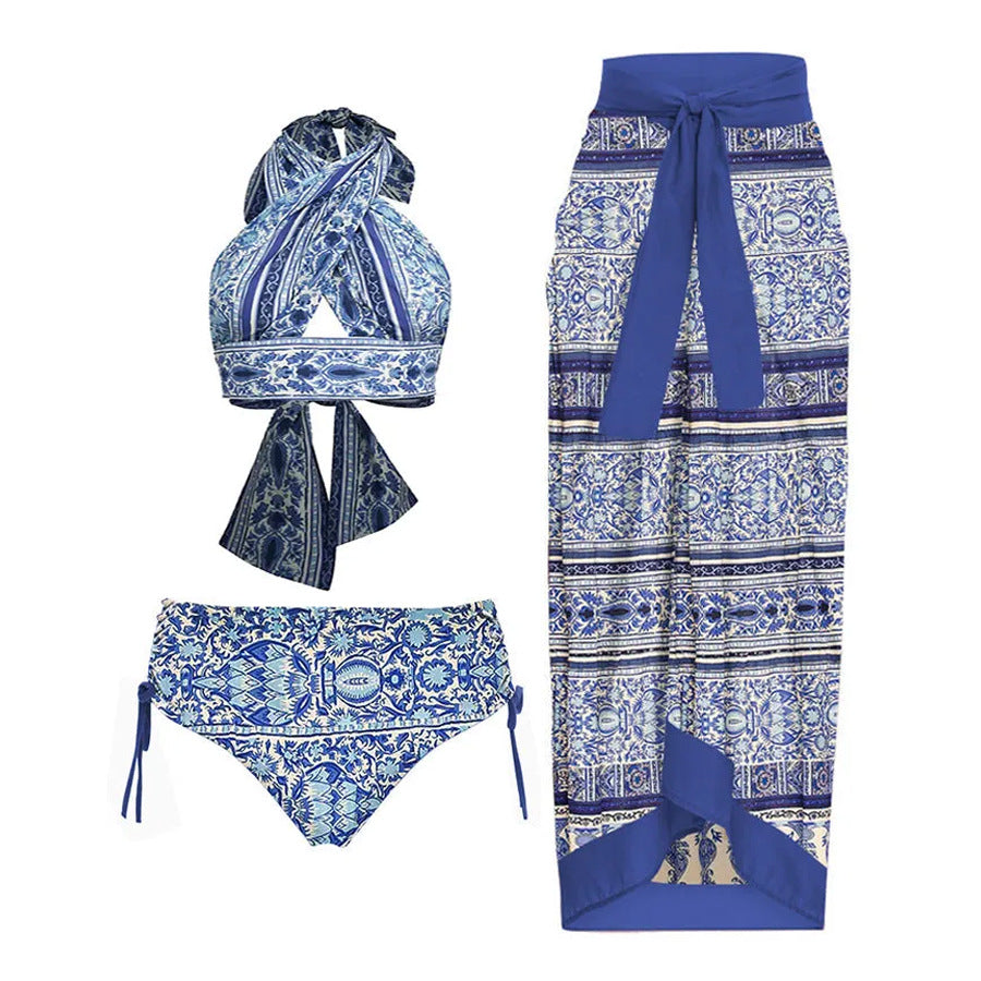 3-Piece Cross Neck Printed Swimwear