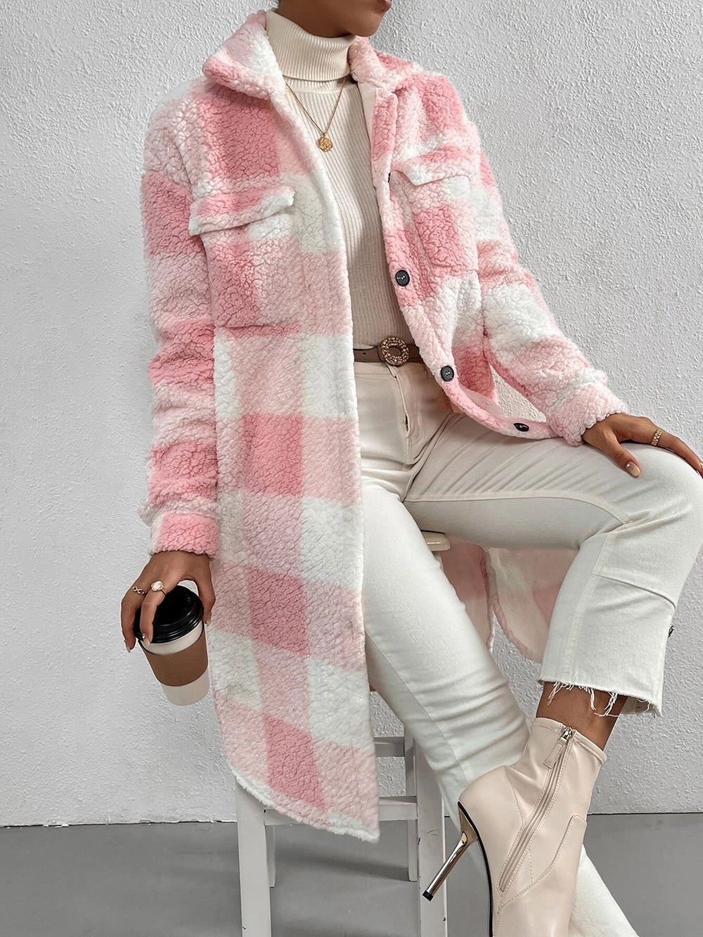 Open Button Lapel Plush Plaid Long Coat