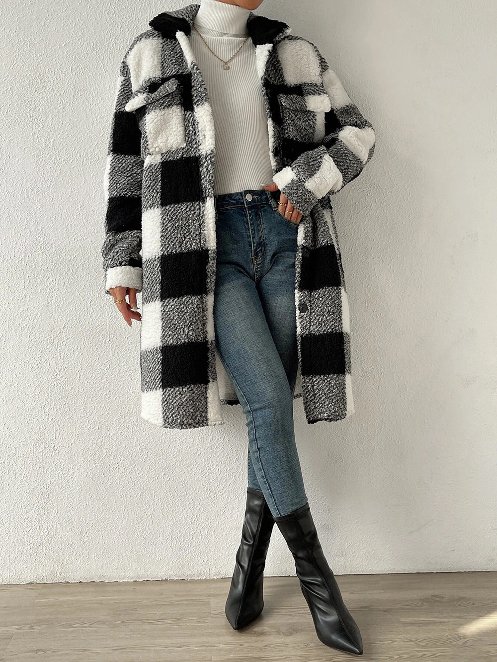 Open Button Lapel Plush Plaid Long Coat