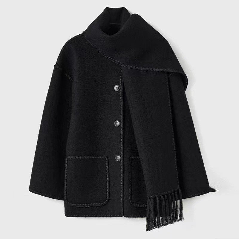 Draped Wool-Blend Coat with Fringed Scarf