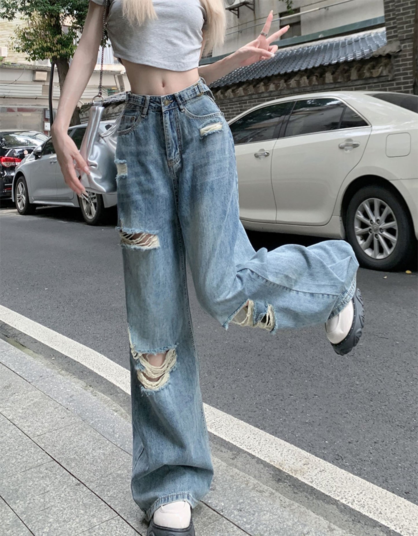 High-Waisted Baggy Ripped Jeans, S-5XL