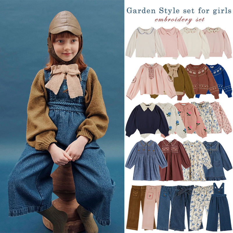 Girl's Garden Style Embroidered Sweaters and Pants Collection