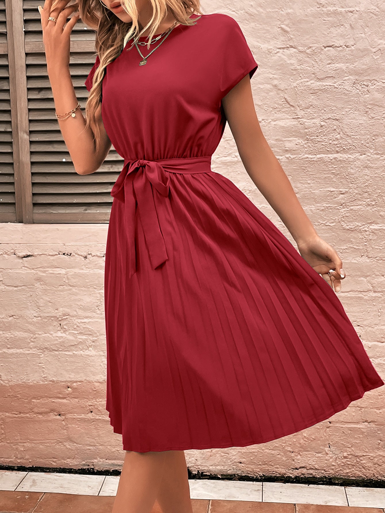 Solid Tie-Front Pleated Midi Dress