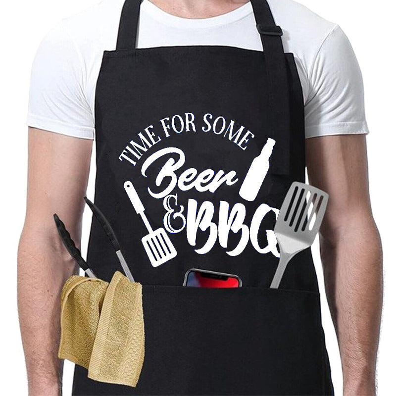 Kitchen BBQ Letter Print Apron with 3 Pockets and Adjustable Neck Strap, Water Resistant