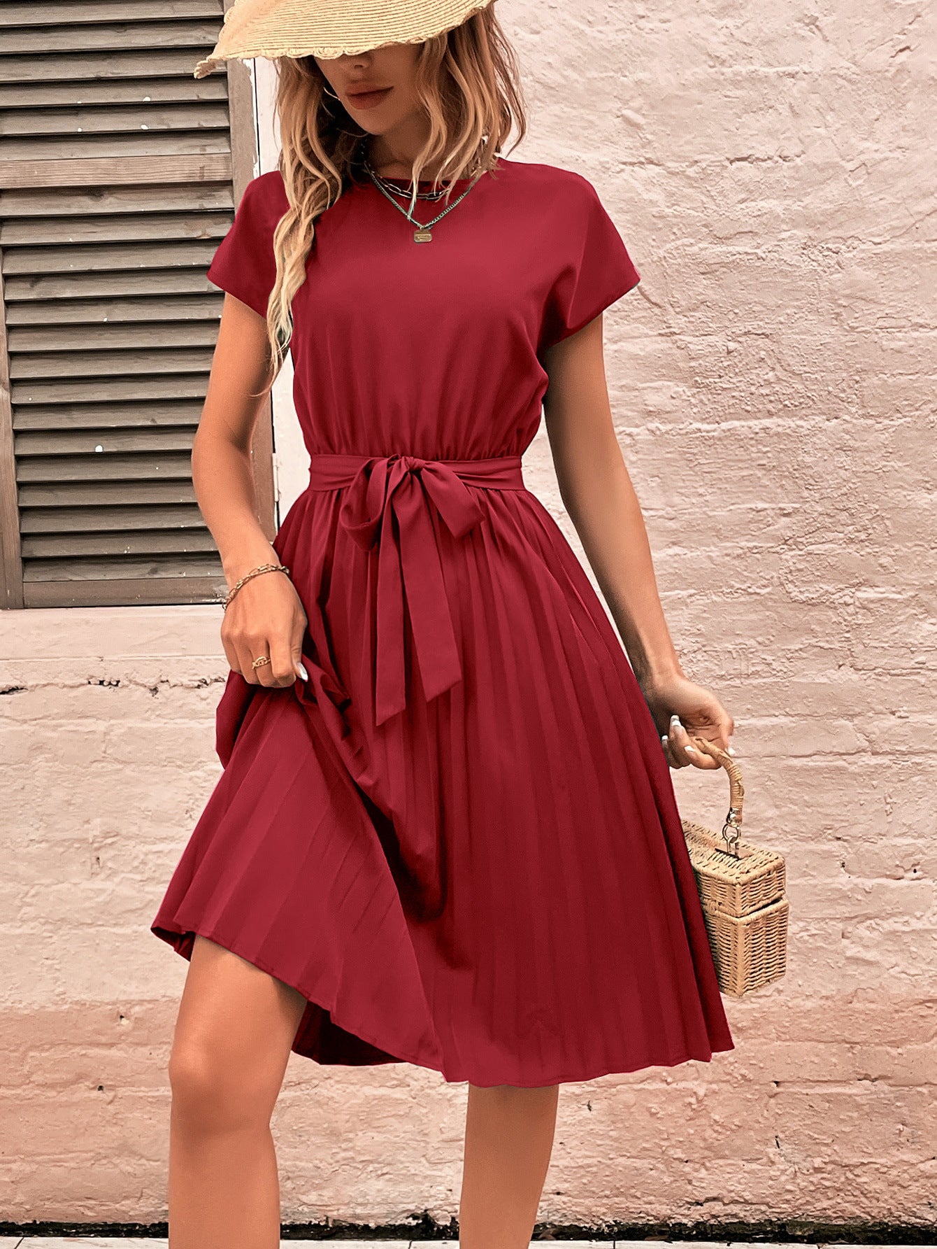 Solid Tie-Front Pleated Midi Dress