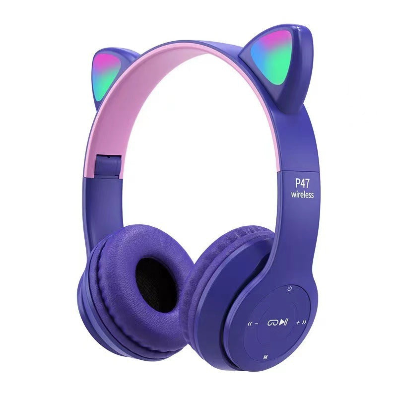 P47M Wireless Cat Ear Bluetooth Headphones with RGB LED lights, 3.5mm AUX Jack, TF Card Slot