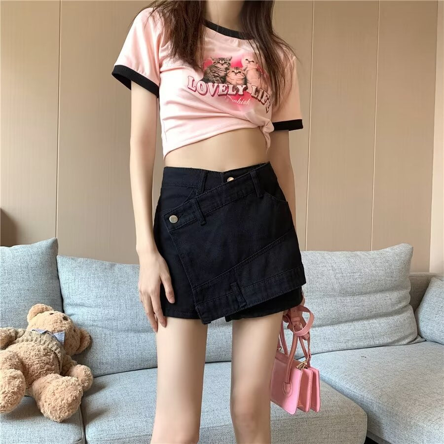 High-Waisted Asymmetrical Denim Shorts